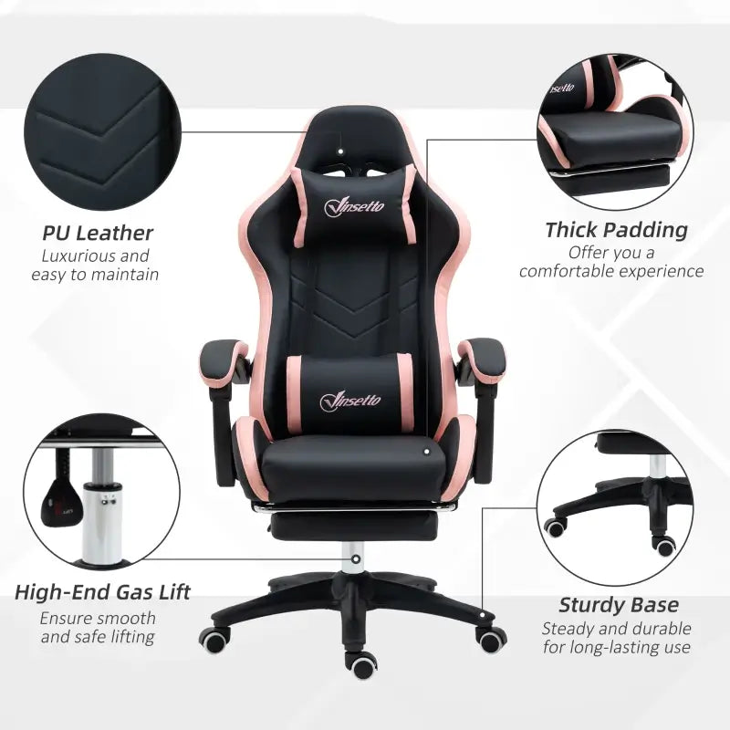 Vinsetto Gaming Chair, Computer Gamer Chair with Reclining High Back, Headrest, Lumbar Support, Footrest, Swivel Wheels, PU Leather, Adjustable Height for Home, Black and Pink