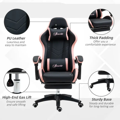 Vinsetto Gaming Chair, Computer Gamer Chair with Reclining High Back, Headrest, Lumbar Support, Footrest, Swivel Wheels, PU Leather, Adjustable Height for Home, Black and Pink