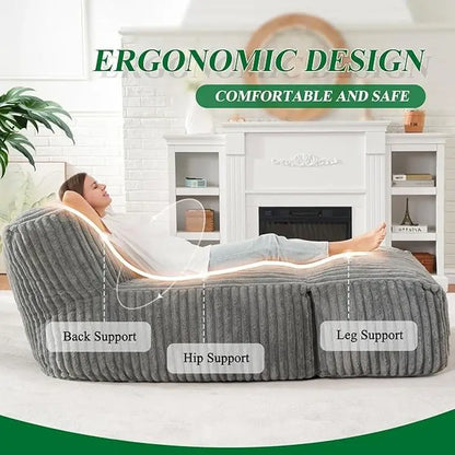 Modular Bean Bag Sofa with Ottoman and Removable Machine-Washable Cover, Couch with High-Density Foam, 160L x 80W x 66H cm, Light Gray