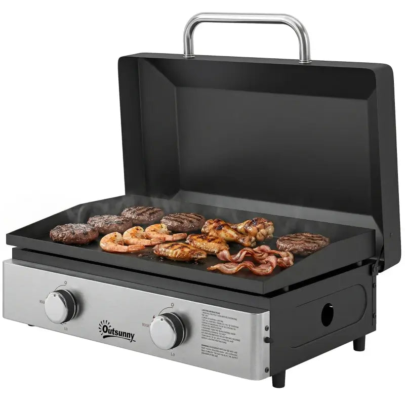 Outsunny 2 Burner Grill Griddle, Portable Gas Plancha, 6 kW, Tabletop Gas BBQ with Grease Cup for Camping Picnic Patios, Black