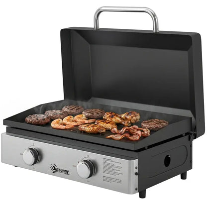 Outsunny 2 Burner Grill Griddle, Portable Gas Plancha, 6 kW, Tabletop Gas BBQ with Grease Cup for Camping Picnic Patios, Black
