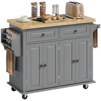 HOMCOM Rolling Kitchen Island Storage Trolley with Rubber Wood Top & Drawers for Dining Room, Grey
