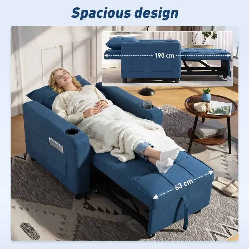 HOMCOM 3-in-1 Single Sofa Bed, Convertible Sleeper Chair Bed with 3-level Adjustable Back - Dark Blue