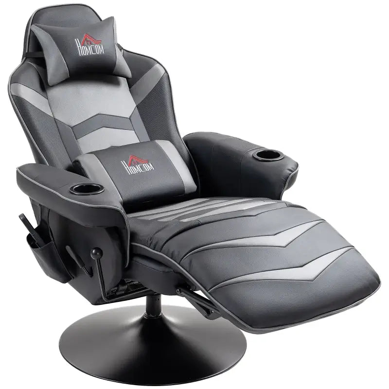 HOMCOM Small Leather Gaming Massage Recliner Chair with Ergonomic High Back Retractable Footrest Headrest Work Break Grey