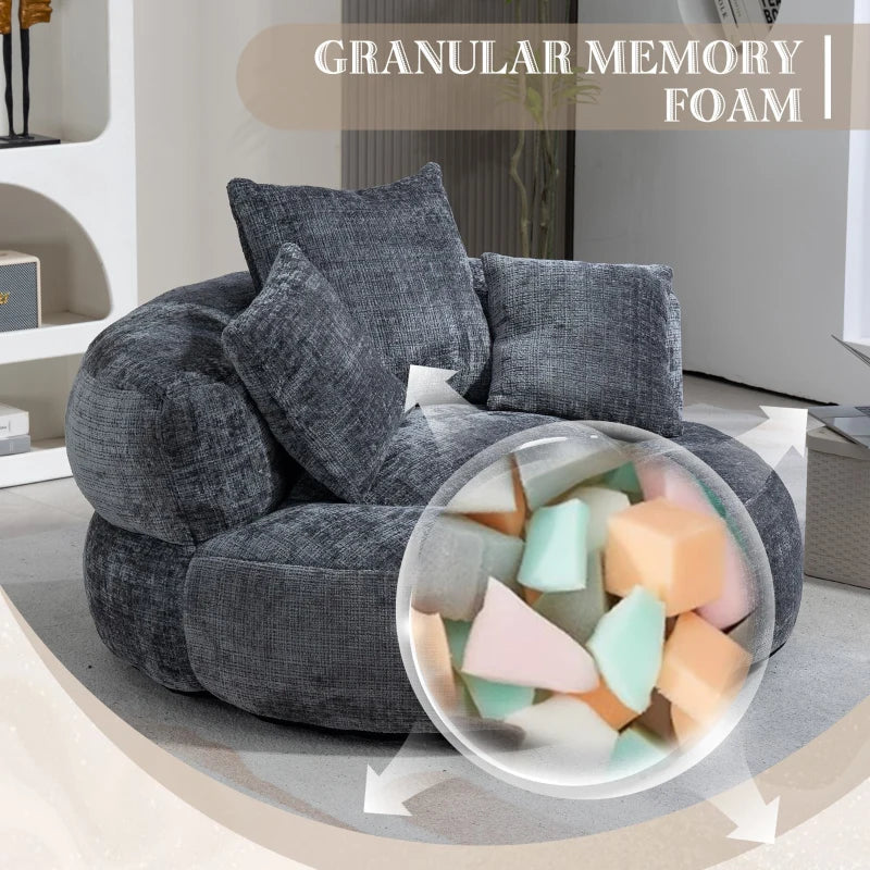 Chenille Bean Bag Chair with Memory Foam Filling, High Back Lounger with Three Pillows for Adults and Kids, 108L x 108W x 52H cm, Gray