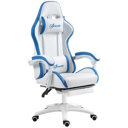 Vinsetto Gaming Chair, Computer Gamer Chair with Reclining High Back, Headrest, Lumbar Support, Footrest, Swivel Wheels, PU Leather, Adjustable Height for Home, White and Blue