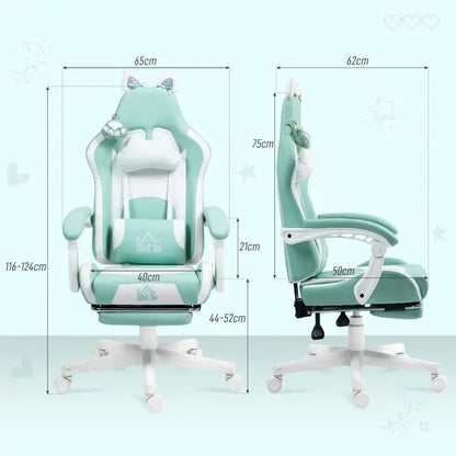HOMCOM Cat Ear and Paw Reclining Office Chair, with Footrest - Light Blue/White