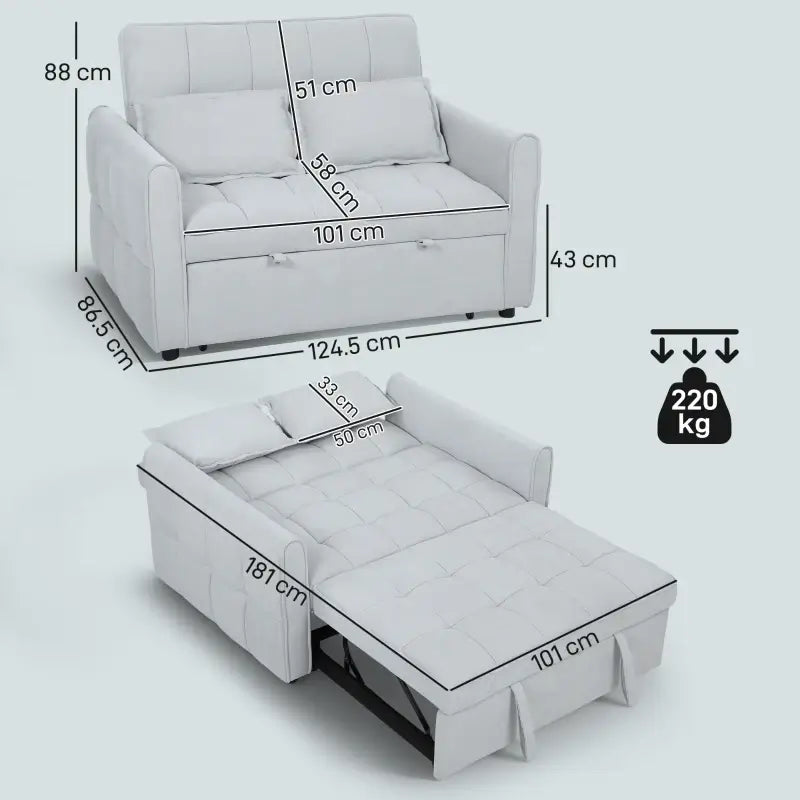 HOMCOM 2 Seater Sofa Bed, 3-in-1 Convertible Sleeper Sofa with Click-clack Adjustable Backrest and 2 Pillows, Light Grey