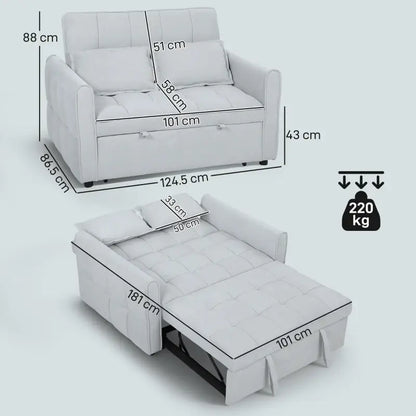HOMCOM 2 Seater Sofa Bed, 3-in-1 Convertible Sleeper Sofa with Click-clack Adjustable Backrest and 2 Pillows, Light Grey