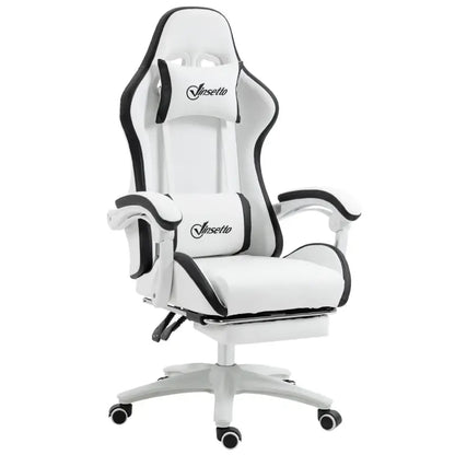 Vinsetto Gaming Chair, Computer Gamer Chair with Reclining High Back, Headrest, Lumbar Support, Footrest, Swivel Wheels, PU Leather, Adjustable Height for Home, White and Black