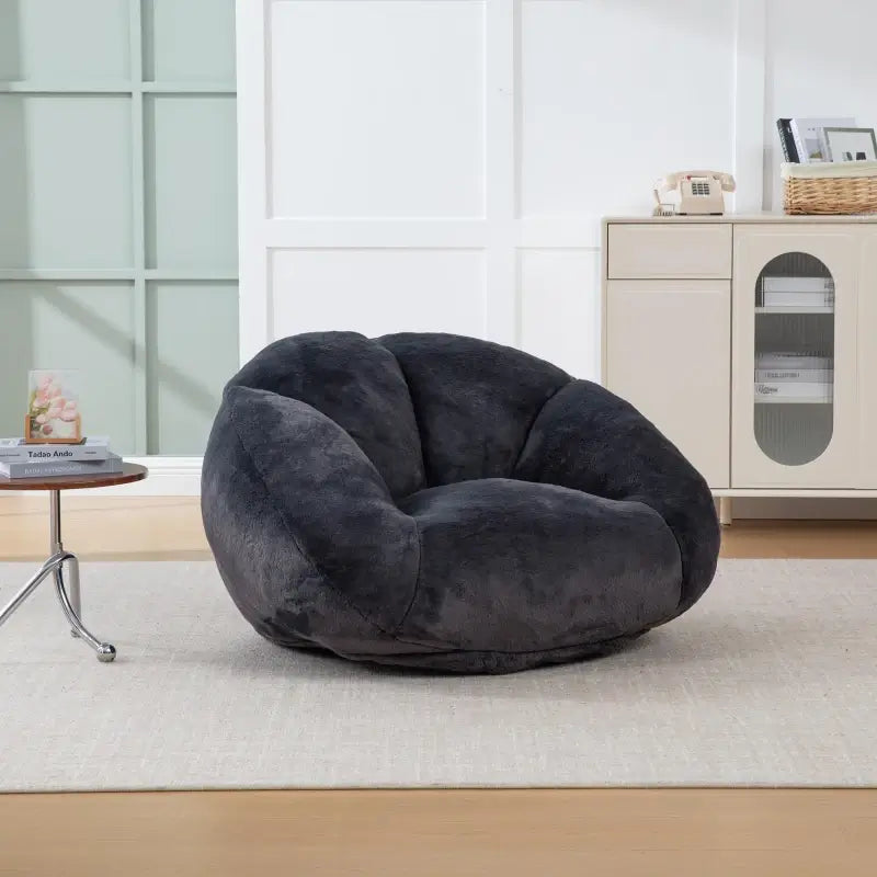 Shell-Shaped Bean Bag Chair with High-Rebound Memory Foam Filling, Ergonomic Floor Lounger with Faux Fur Removable Cover, 100L x 90W x 57H cm, Black