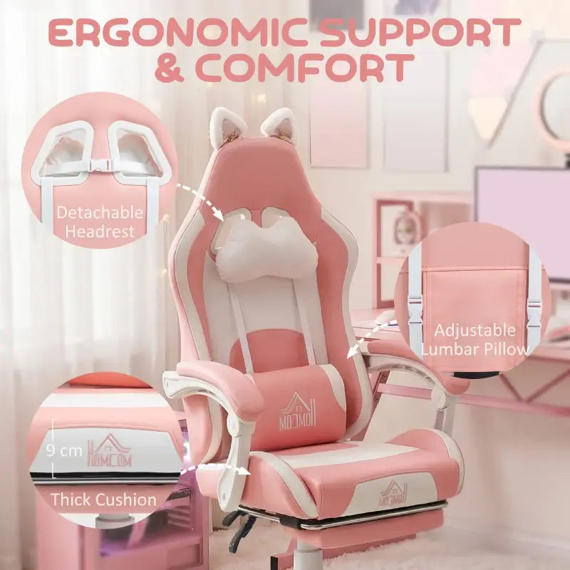 HOMCOM Cat Ear and Paw Reclining Office Chair, with Footrest - Pink/White