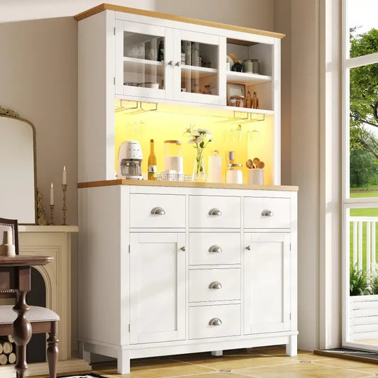 Farmhouse Style Sideboard with Spacious Shelves and Drawers, Versatile Storage Cabinet with Drink Holders, 104L x 40W x 180H cm, White