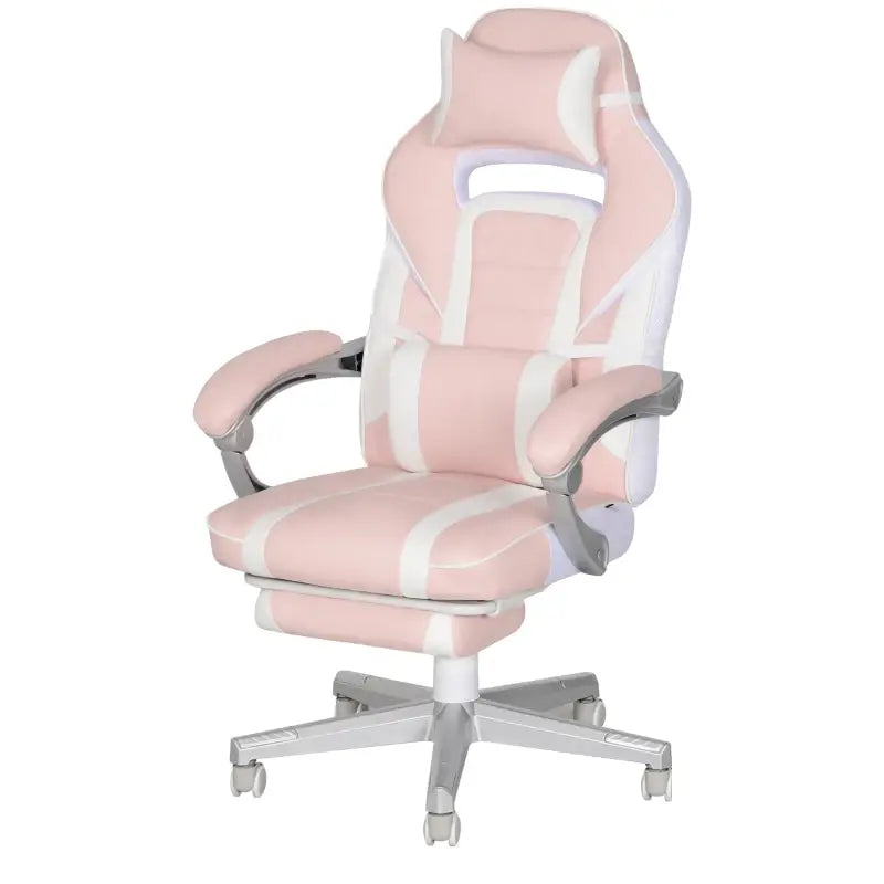 HOMCOM Faux Leather Reclining Gaming Chair, with Footrest - Pink/White