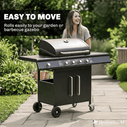 Outsunny 6+1 Burner Gas BBQ Grill, Outdoor Barbecue Trolley with Wheels, Warming Rack, Thermometer, Bottle Opener, Black