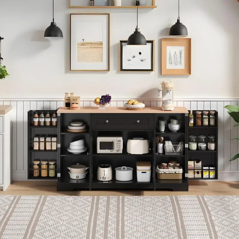 Multifunctional Kitchen Sideboard with Double-Door Compartment, Spacious Cabinet with Adjustable Shelves, 138L x 40W x 85H cm, Black