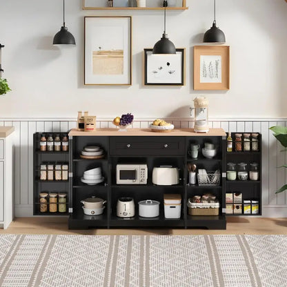 Multifunctional Kitchen Sideboard with Double-Door Compartment, Spacious Cabinet with Adjustable Shelves, 138L x 40W x 85H cm, Black