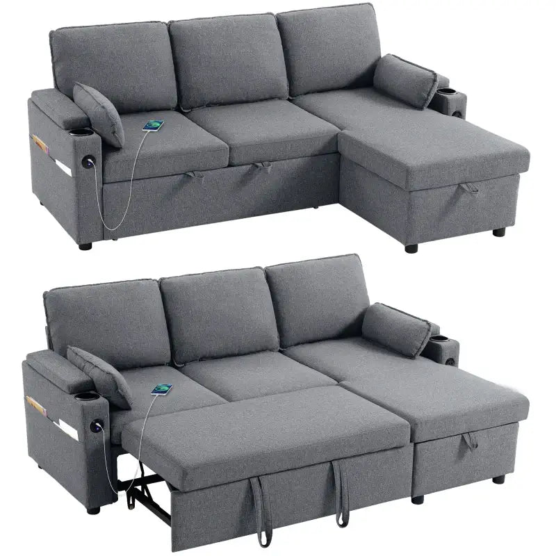 HOMCOM Corner Sofa Bed, L Shaped Sleeper Sectional Sofa with Reversible Storage Chaise, Grey