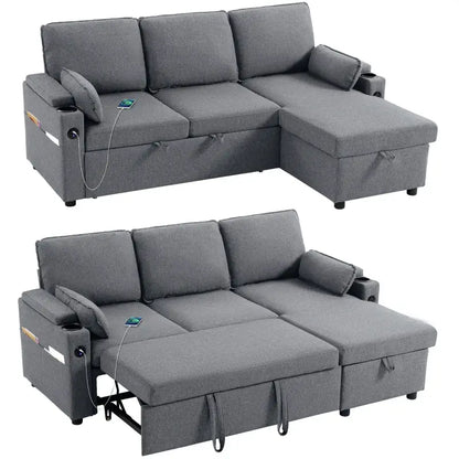 HOMCOM Corner Sofa Bed, L Shaped Sleeper Sectional Sofa with Reversible Storage Chaise, Grey