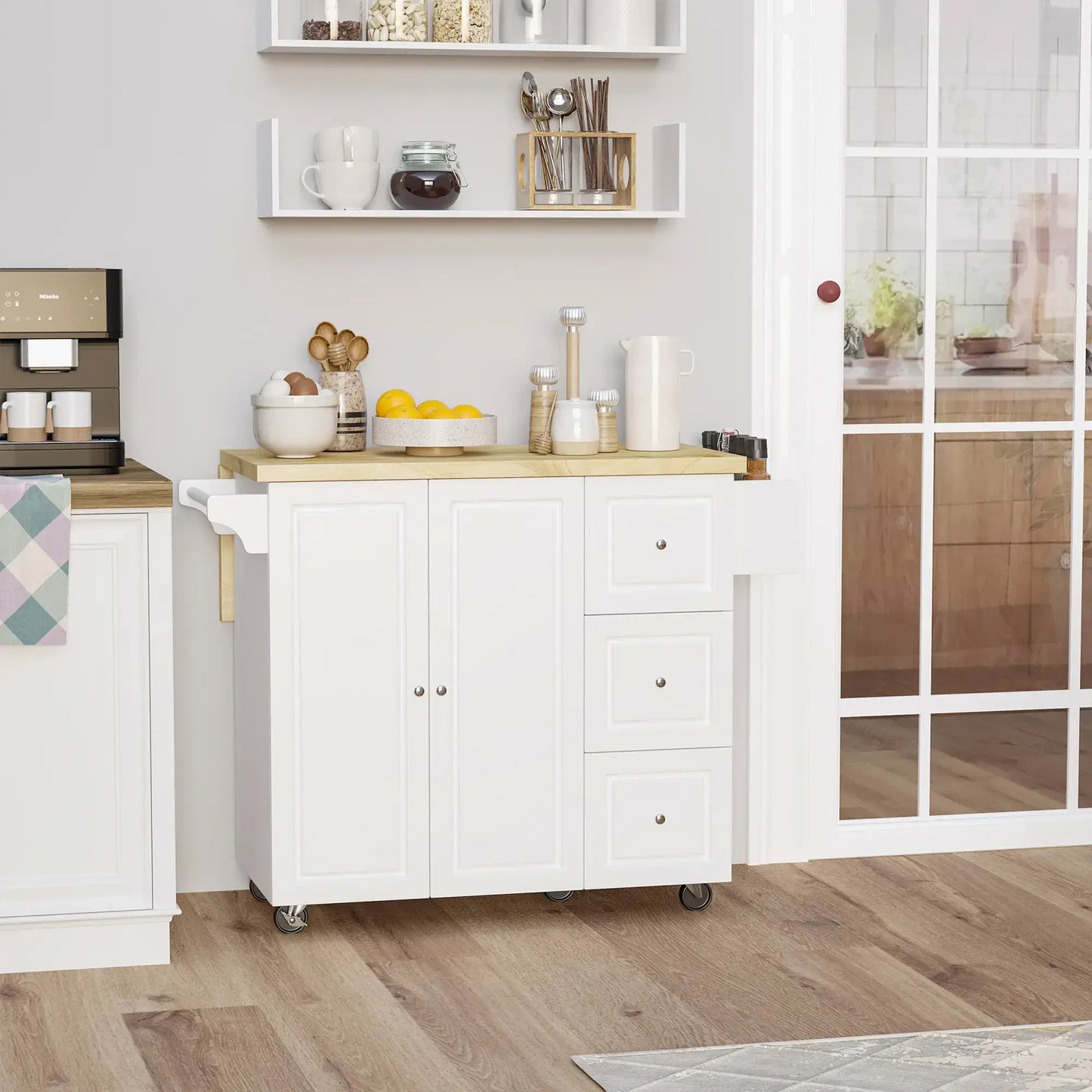 HOMCOM Kitchen Island on Wheels, Rolling Kitchen Storage Trolley with Drop Leaf, Drawers, Towel and Spice Rack, White