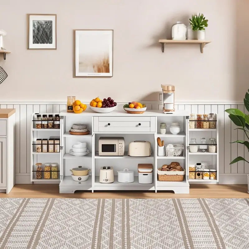 Multifunctional Kitchen Sideboard with Double-Door Compartment, Spacious Cabinet with Adjustable Shelves, 138L x 40W x 85H cm, White