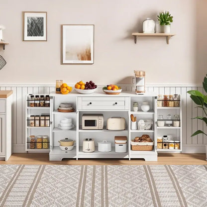 Multifunctional Kitchen Sideboard with Double-Door Compartment, Spacious Cabinet with Adjustable Shelves, 138L x 40W x 85H cm, White