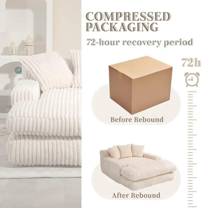 Oversized Chaise Longue Sofa with 3 Throw Cushions and Wide Armrests, Chair with Shredded Memory Foam Seat, 155L x 125W x 63H cm, Beige