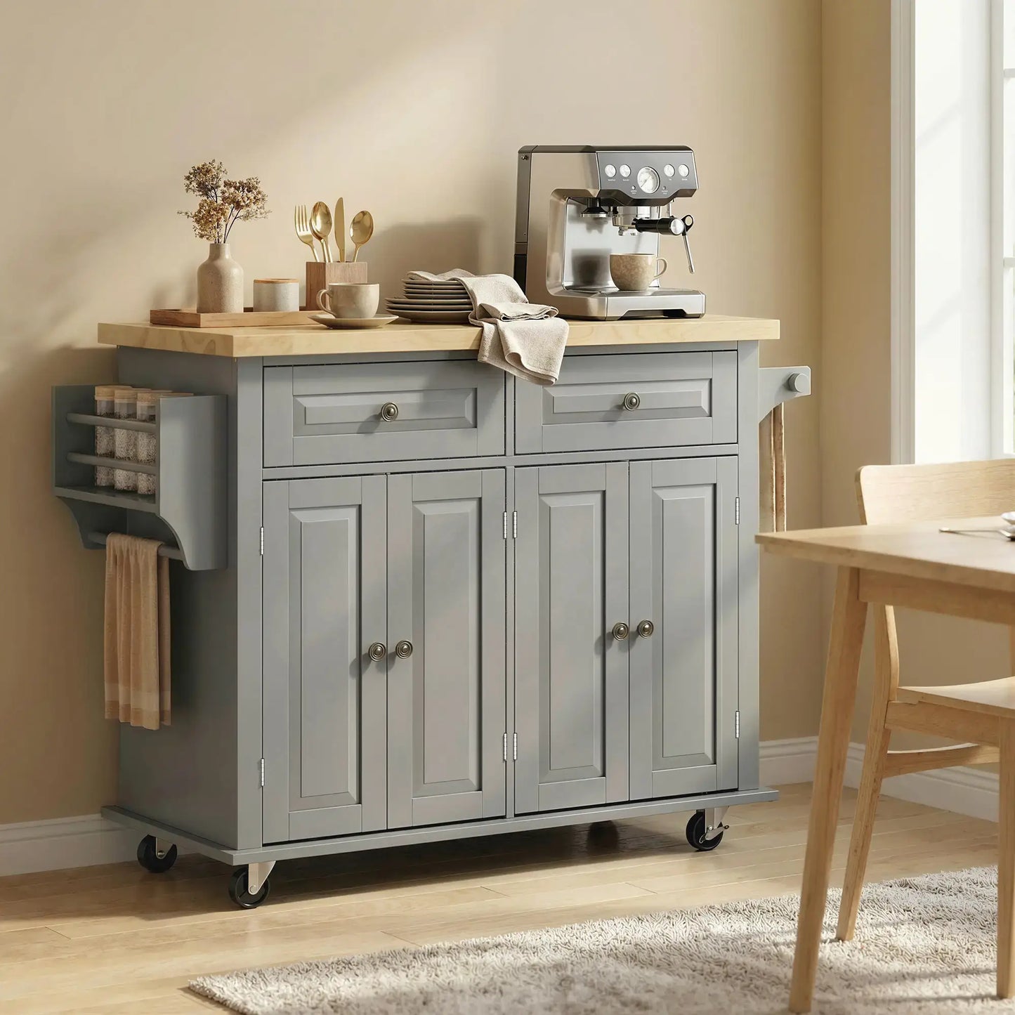 HOMCOM Rolling Kitchen Island Storage Trolley with Rubber Wood Top & Drawers for Dining Room, Grey
