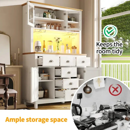 Farmhouse Style Sideboard with Spacious Shelves and Drawers, Versatile Storage Cabinet with Drink Holders, 104L x 40W x 180H cm, White