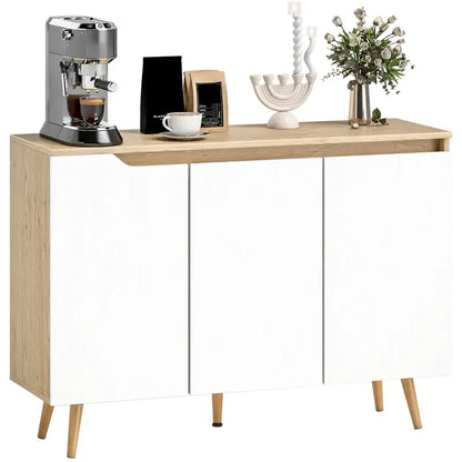 HOMCOM Sideboard Storage Cabinet, Kitchen Cupboard with 3 Doors, 2 Adjustable Shelves and 5 Rubberwood Legs, White and Oak