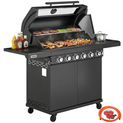 Outsunny 6+1 Burner Gas BBQ Grill, Outdoor Barbecue Trolley with Wheels, Warming Rack, Thermometer, Bottle Opener, Black