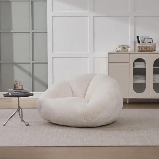 Shell-Shaped Bean Bag Chair with High-Rebound Memory Foam Filling, Ergonomic Floor Lounger with Faux Fur Removable Cover, 100L x 90W x 57H cm, Beige