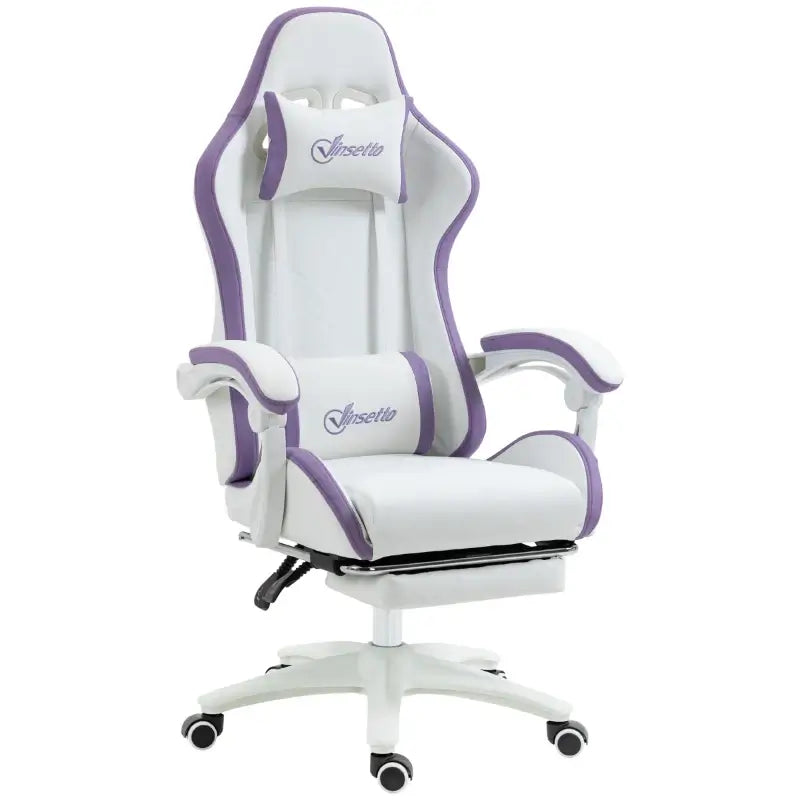 Vinsetto Computer Gaming Chair, PU Leather Office Desk Chair with Footrest, Swivel Wheels, 135° Reclining Back, Lumbar Support, Headrest for Home, White and Purple