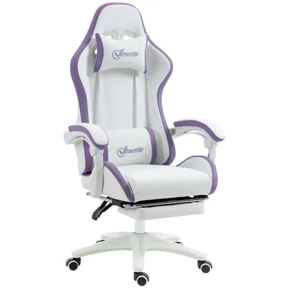 Vinsetto Computer Gaming Chair, PU Leather Office Desk Chair with Footrest, Swivel Wheels, 135° Reclining Back, Lumbar Support, Headrest for Home, White and Purple