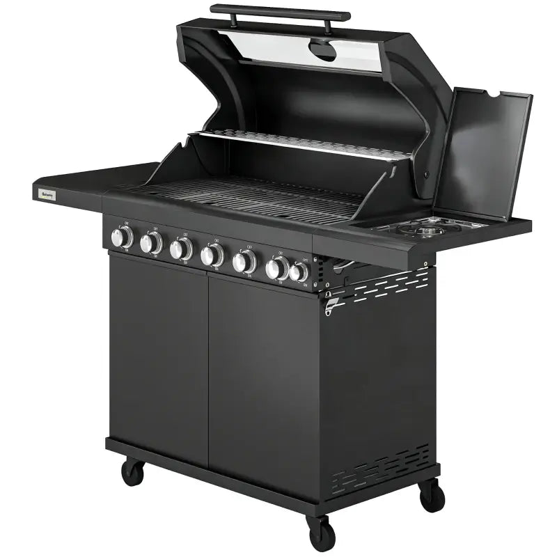 Outsunny 6+1 Burner Gas BBQ Grill, Outdoor Barbecue Trolley with Wheels, Warming Rack, Thermometer, Bottle Opener, Black