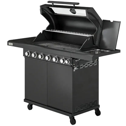 Outsunny 6+1 Burner Gas BBQ Grill, Outdoor Barbecue Trolley with Wheels, Warming Rack, Thermometer, Bottle Opener, Black
