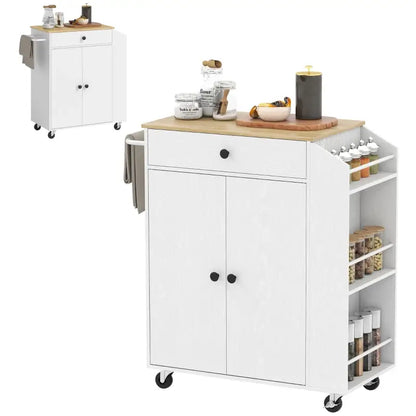 HOMCOM Rolling Kitchen Island with 3-Tier Spice Rack, Kitchen Storage Cart with Drawer and Towel Rack, White