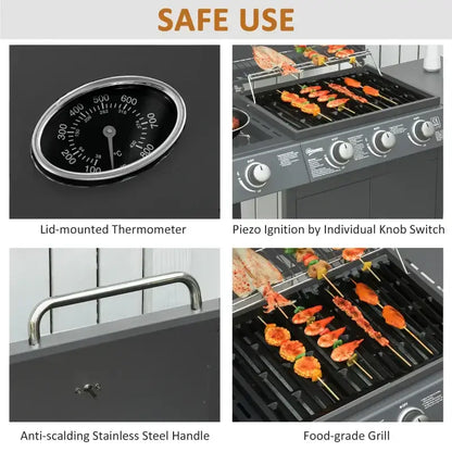 Outsunny 4+1 Burner Gas BBQ Grill, Outdoor Barbecue Trolley with Wheels, Warming Rack, Side Shelves, Cabinet, Thermometer for Garden, Party, Camping, 125 L x 51 W x 100 H cm, Black