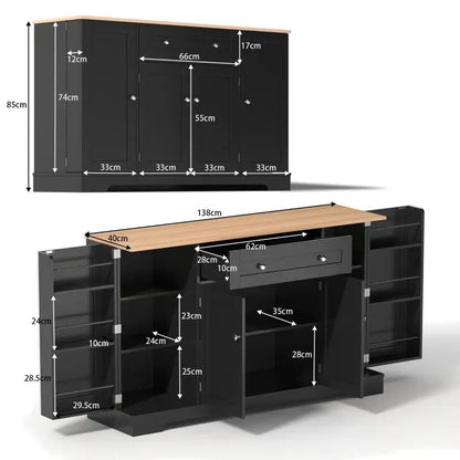 Multifunctional Kitchen Sideboard with Double-Door Compartment, Spacious Cabinet with Adjustable Shelves, 138L x 40W x 85H cm, Black
