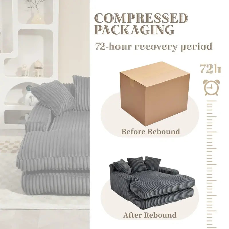 Oversized Chaise Longue Sofa with 3 Throw Cushions and Wide Armrests, Chair with Shredded Memory Foam Seat, 155L x 125W x 63H cm, Dark Gray