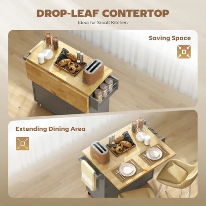 HOMCOM Kitchen Island on Wheels, Rolling Kitchen Storage Trolley with Drop Leaf, Drawers, Towel and Spice Rack, Grey