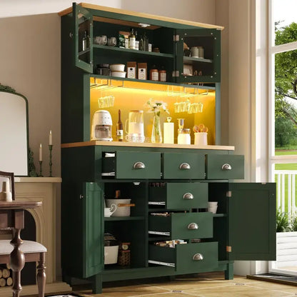 Farmhouse Style Sideboard with Spacious Shelves and Drawers, Versatile Storage Cabinet with Drink Holders, 104L x 40W x 180H cm, Green