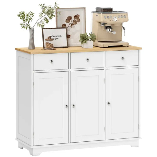 HOMCOM Sideboard with Rubber Wood Top, Modern Storage Cabinet with 3 Adjustable Shelves, White