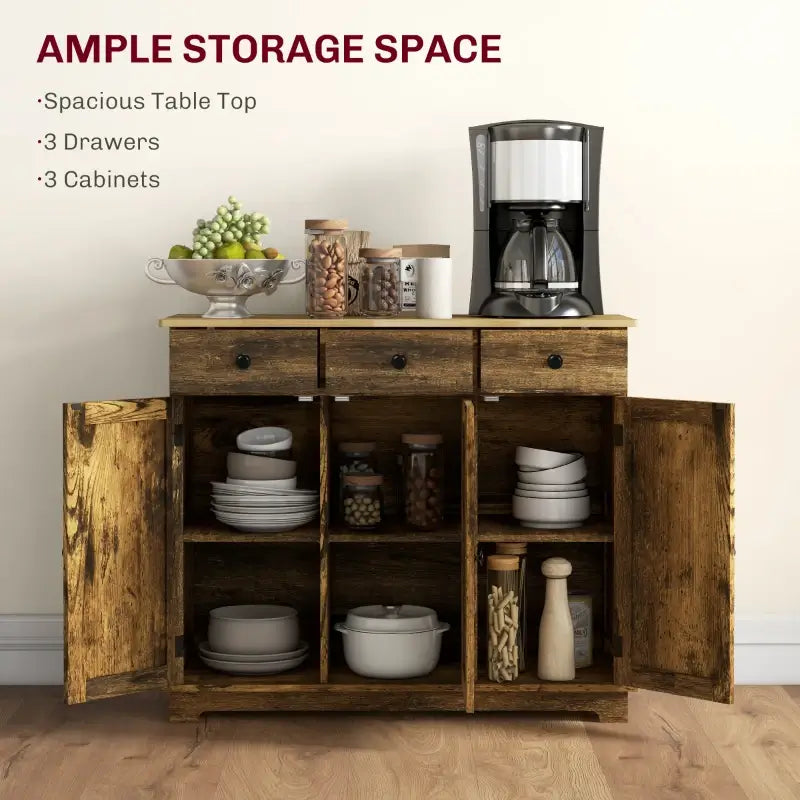 HOMCOM Sideboard with Rubberwood Top and Adjustable Shelves for Dining Room, Kitchen - Rustic Brown
