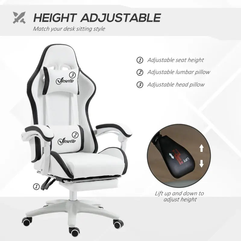 Vinsetto Gaming Chair, Computer Gamer Chair with Reclining High Back, Headrest, Lumbar Support, Footrest, Swivel Wheels, PU Leather, Adjustable Height for Home, White and Black