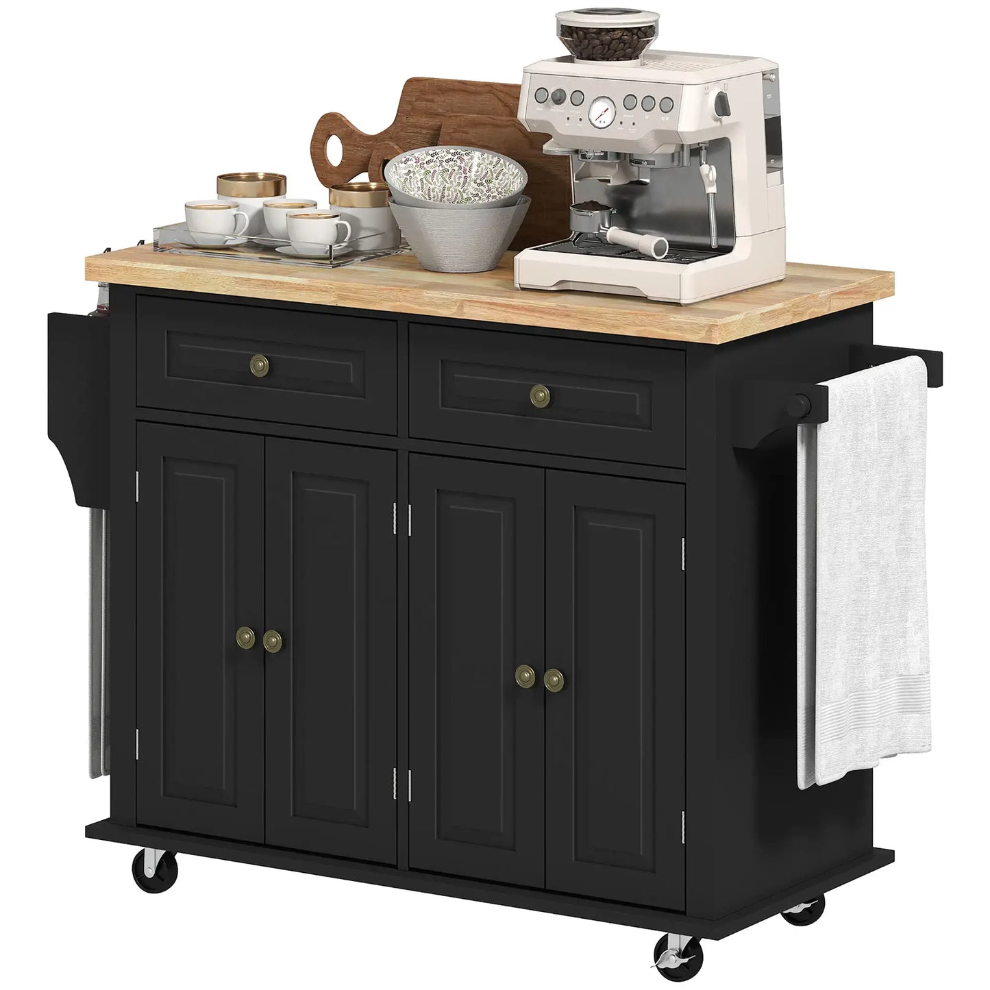 HOMCOM Rolling Kitchen Island Storage Trolley with Rubber Wood Top & Drawers for Dining Room, Black
