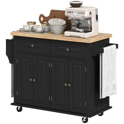 HOMCOM Rolling Kitchen Island Storage Trolley with Rubber Wood Top & Drawers for Dining Room, Black