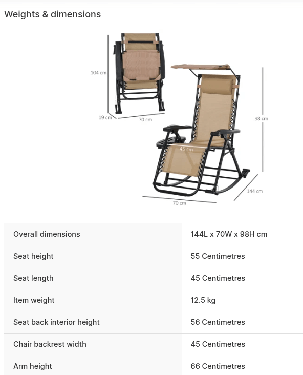 Outsunny Garden Rocking Chair Folding Recliner Outdoor Adjustable Sun Lounger Rocker Zero-Gravity Seat with Headrest Side Holder Patio Deck - Beige