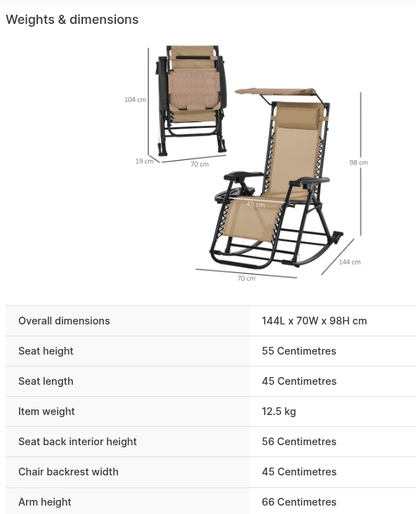 Outsunny Garden Rocking Chair Folding Recliner Outdoor Adjustable Sun Lounger Rocker Zero-Gravity Seat with Headrest Side Holder Patio Deck - Beige