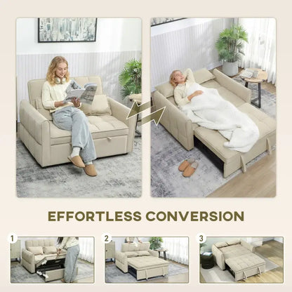 HOMCOM 2 Seater Sofa Bed, 3-in-1 Convertible Sleeper Sofa with Click-clack Adjustable Backrest and 2 Pillows, Light Brown